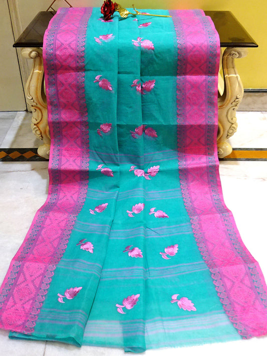 Bengal Handloom Cotton Saree with Leaf Motif Embroidery Work in Turquoise and Taffy Pink