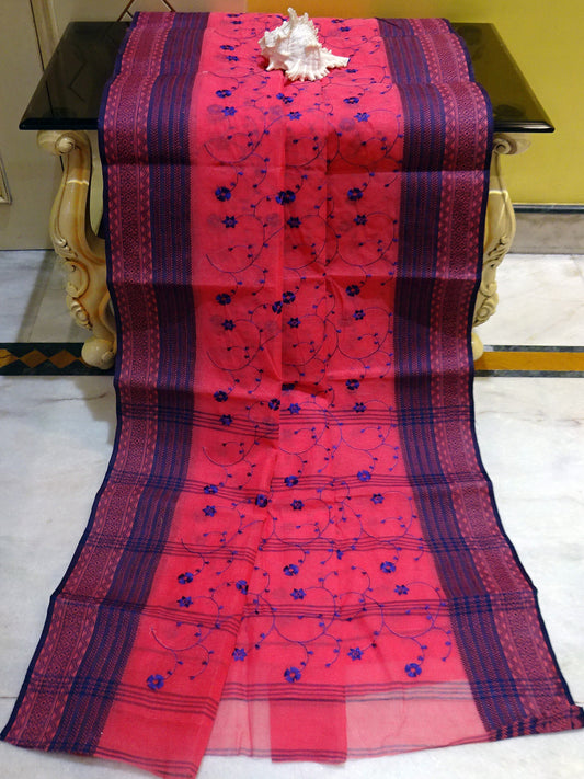 Bengal Handloom Cotton Saree with Floral Jaal Embroidery Work in Watermelon Pink and Royal Blue