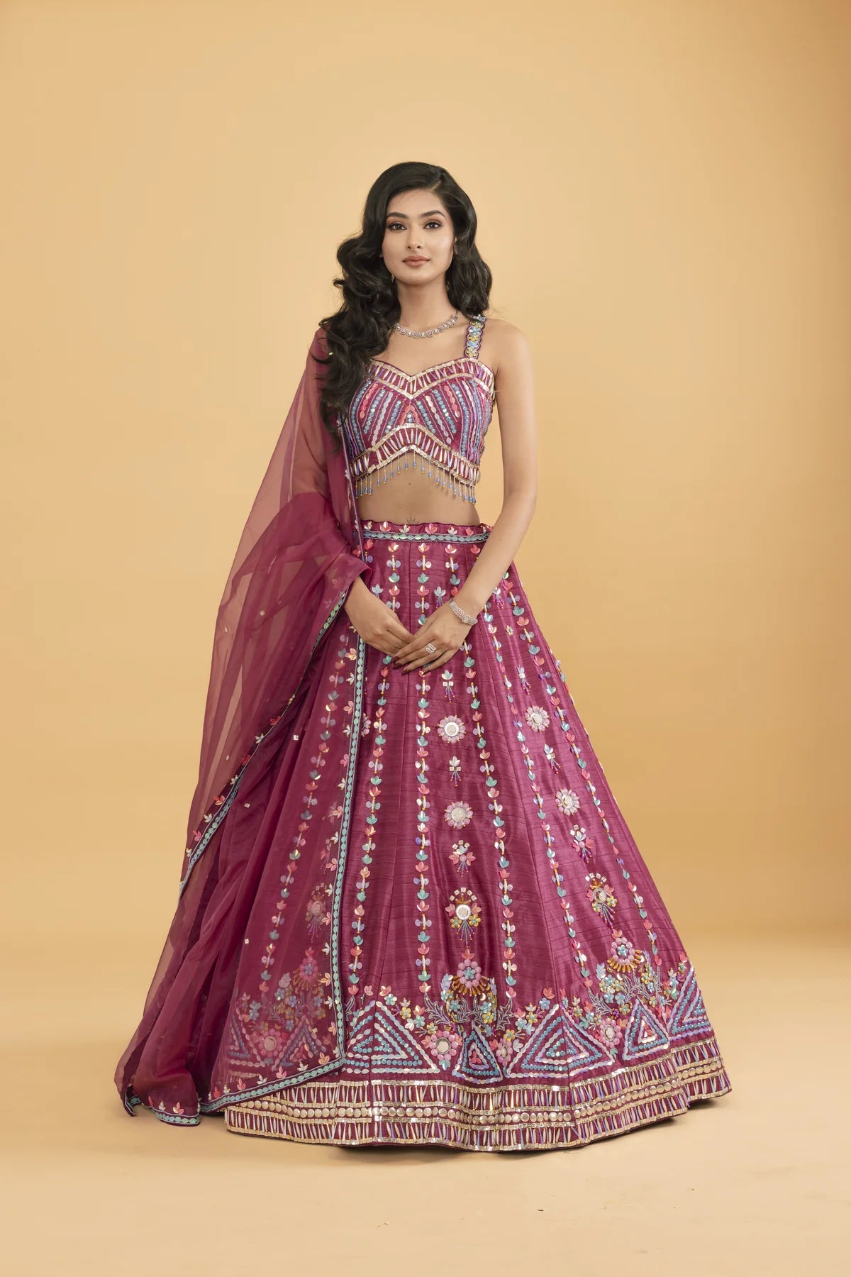 Pink Silk lehenga with multicoloured sequins