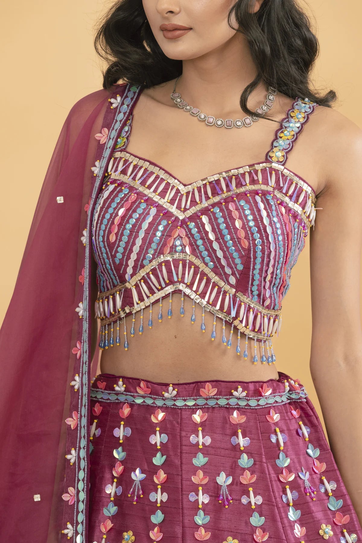 Pink Silk lehenga with multicoloured sequins