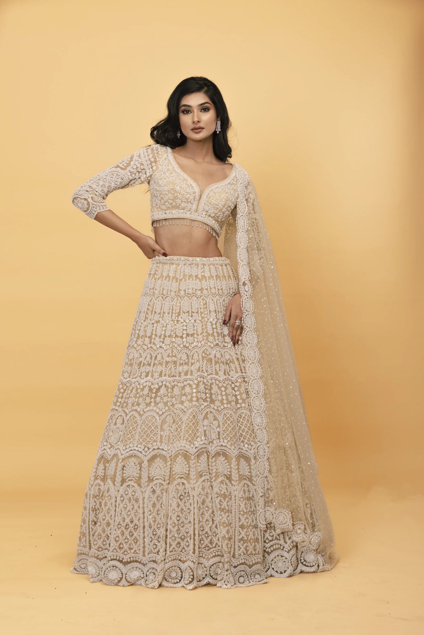 Beige net lehenga with pearl embellishments