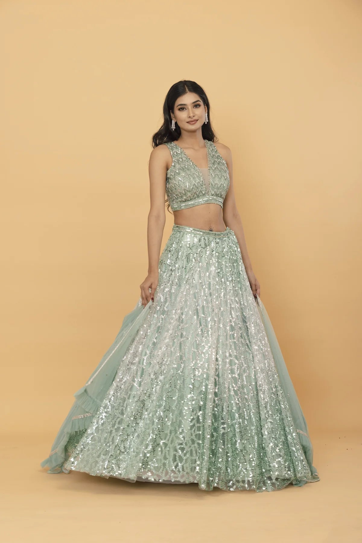 Green Ombre lehenga with sequin embellishment