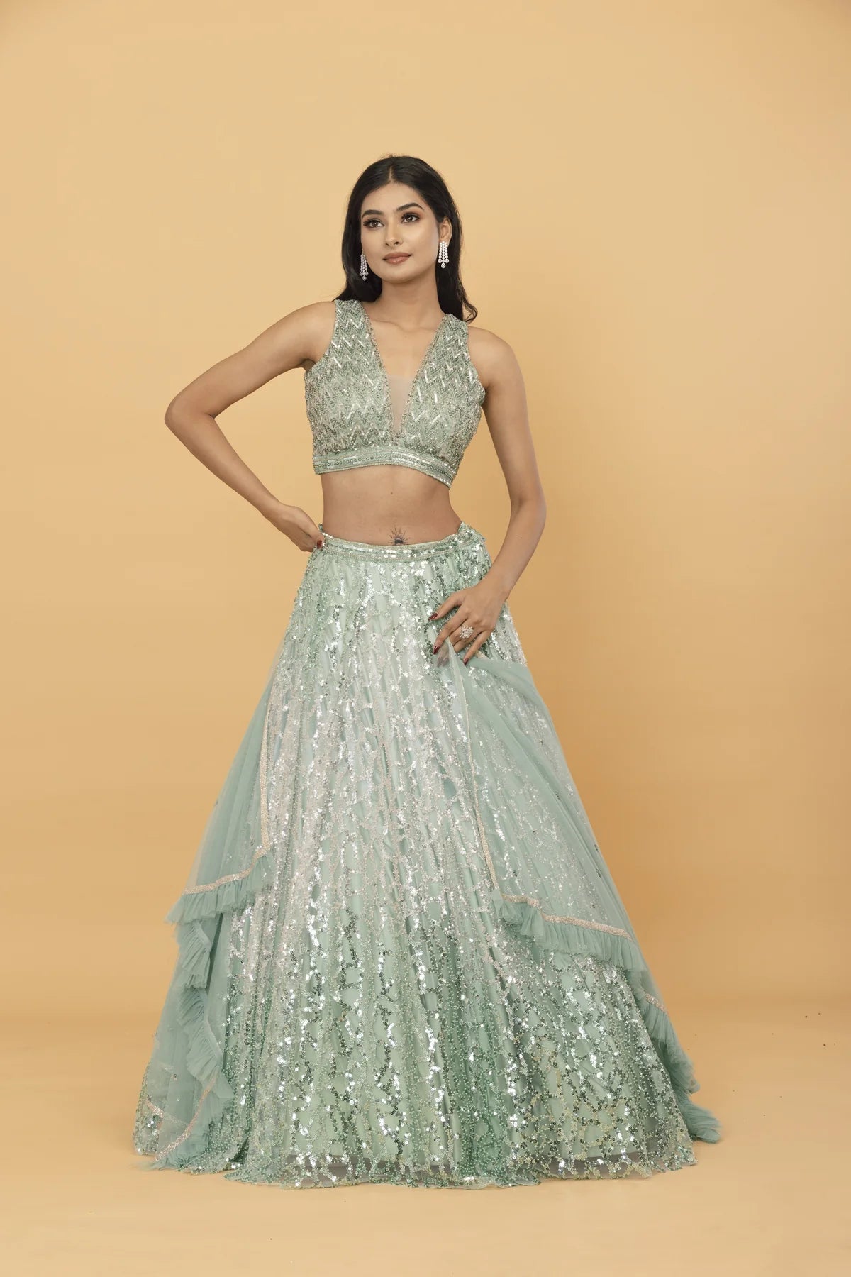 Green Ombre lehenga with sequin embellishment