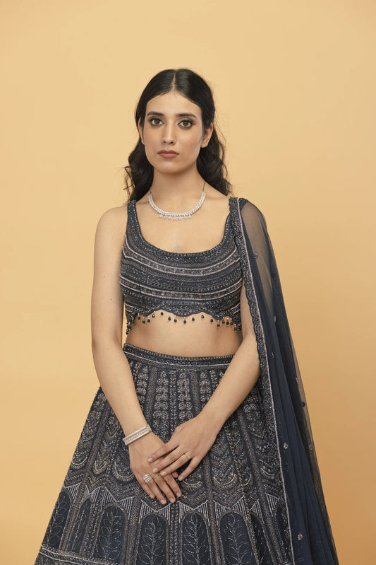 Charcoal grey embroidered Silk lehenga