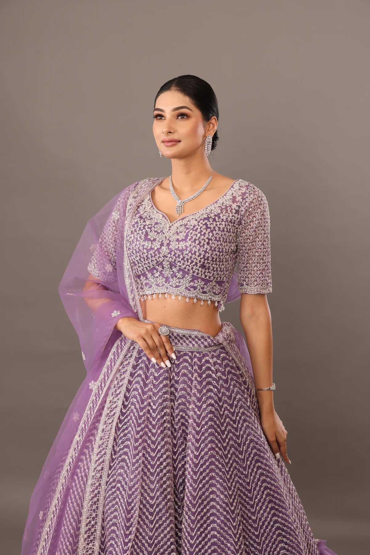 Lilac net base lehenga with embellishments bhas