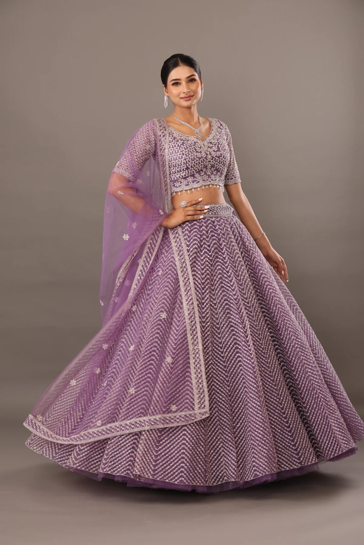 Lilac net base lehenga with embellishments bhas