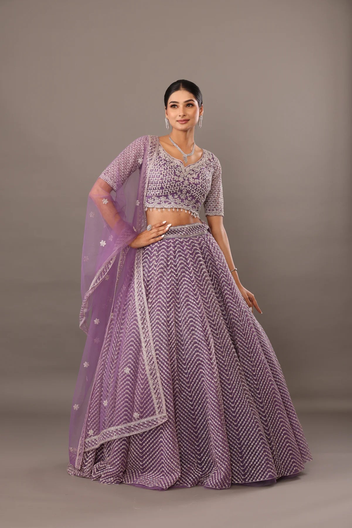 Lilac net base lehenga with embellishments bhas