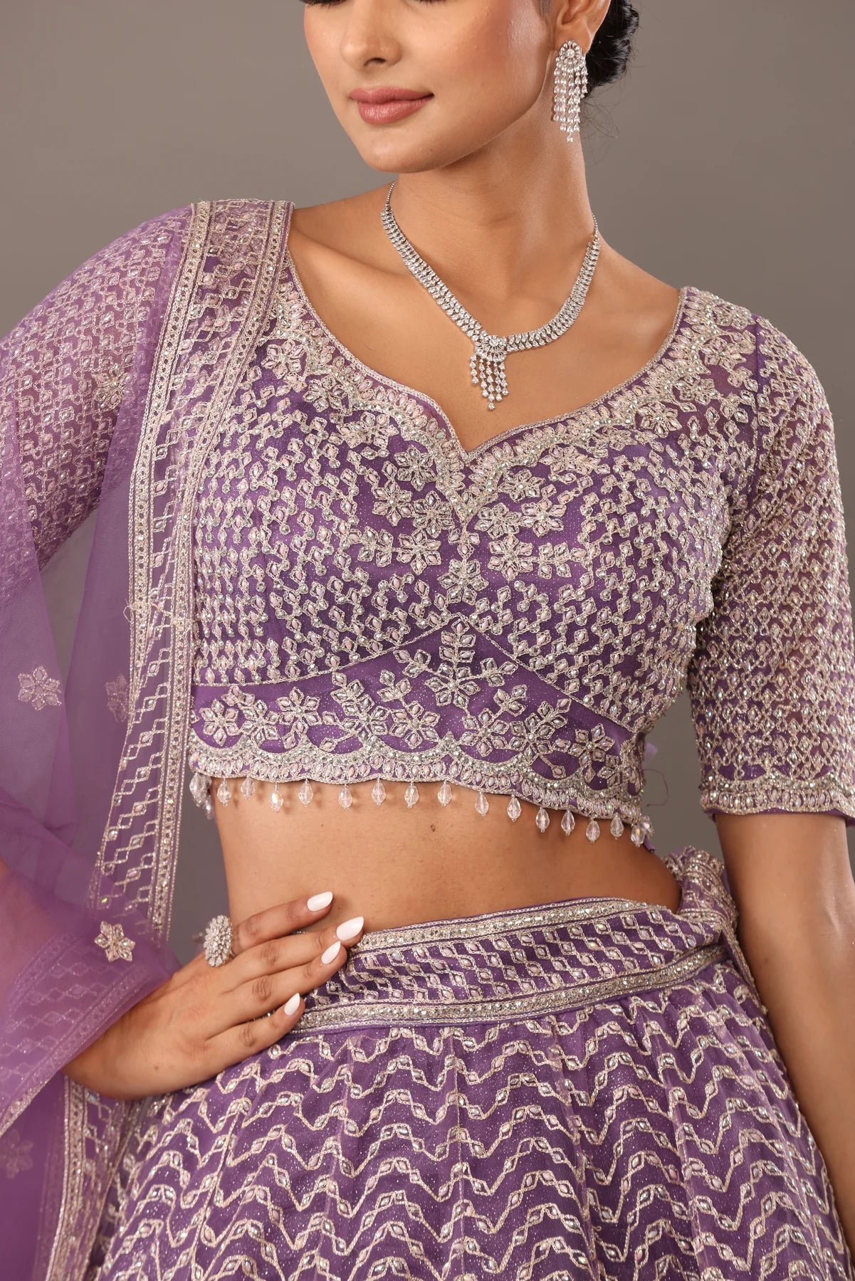 Lilac net base lehenga with embellishments bhas