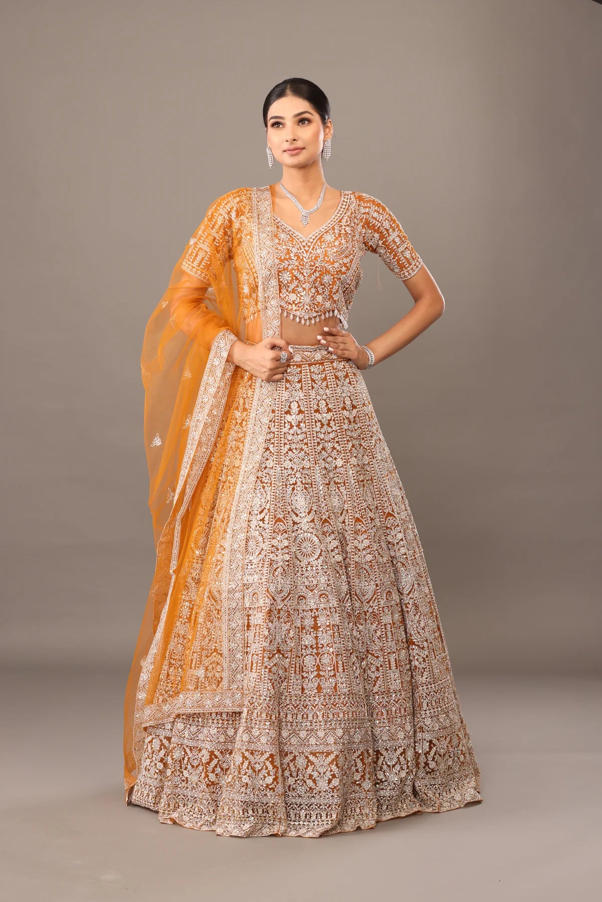 Yellow net lehenga with heavy white tread embroidery bhas