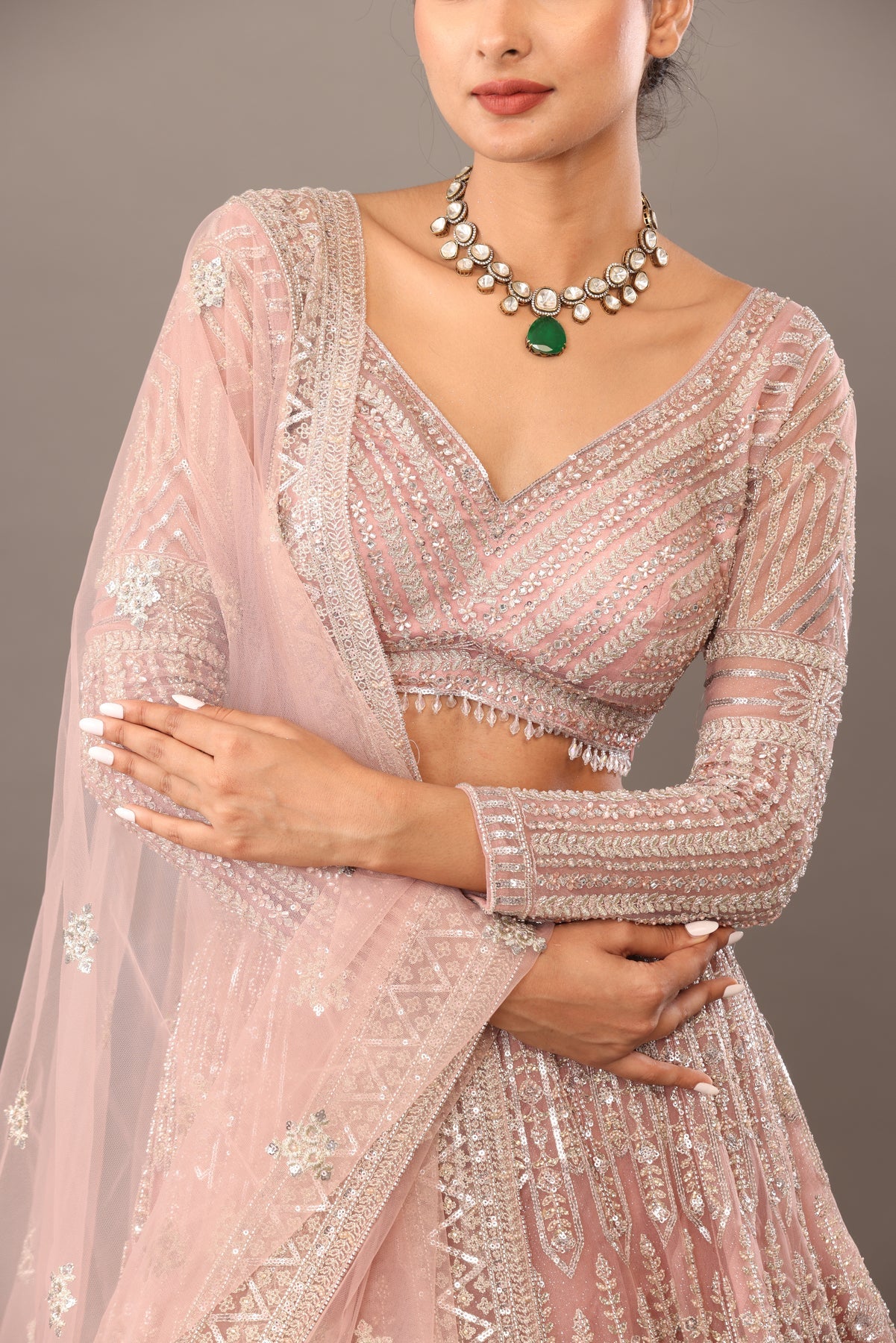 Peach Net lehanga With white threadwork