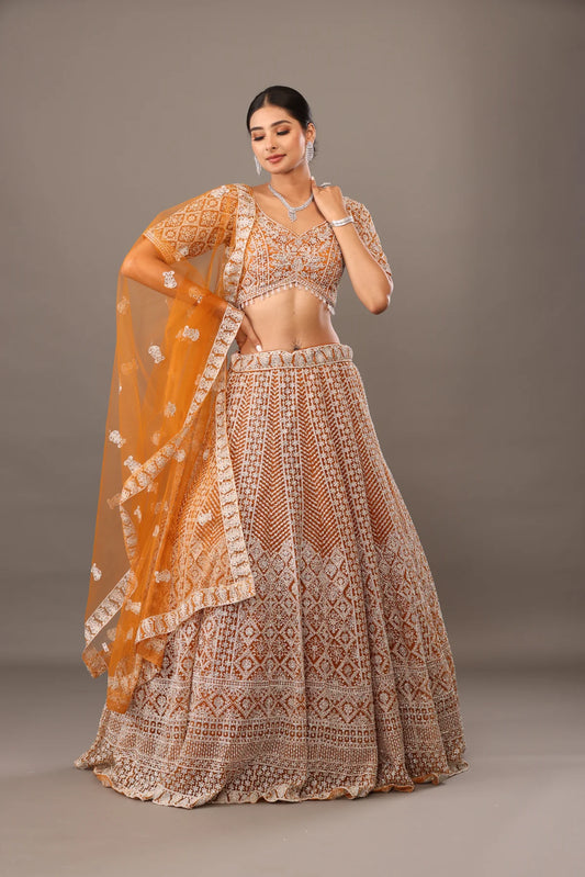 Yellow Net lehenga with embroidery bhas