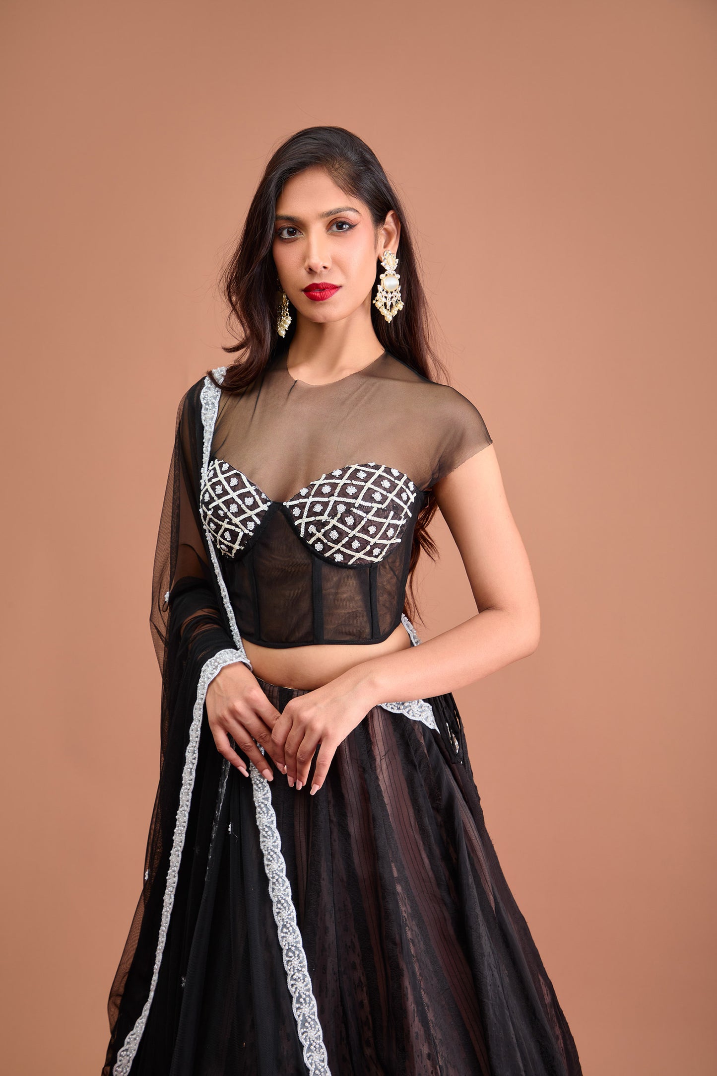 Black Organza jamdani cap sleeve corset blouse and lehenga set