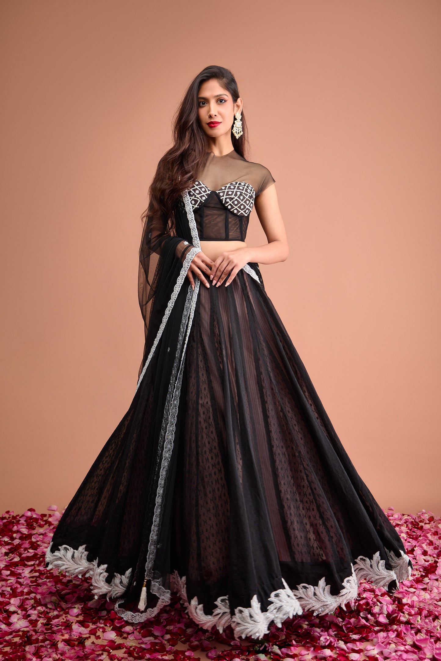 Black Organza jamdani cap sleeve corset blouse and lehenga set