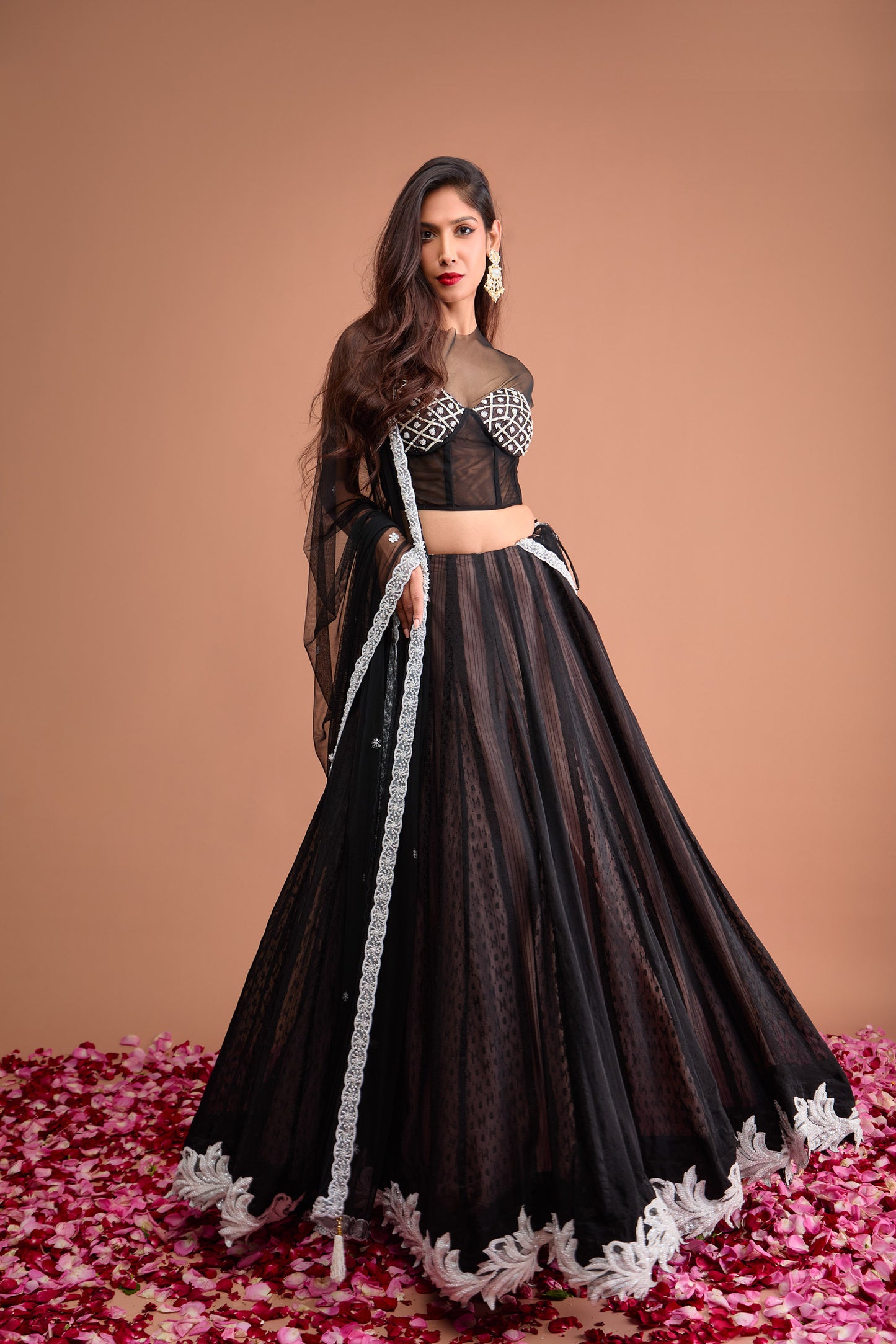 Black Organza jamdani cap sleeve corset blouse and lehenga set