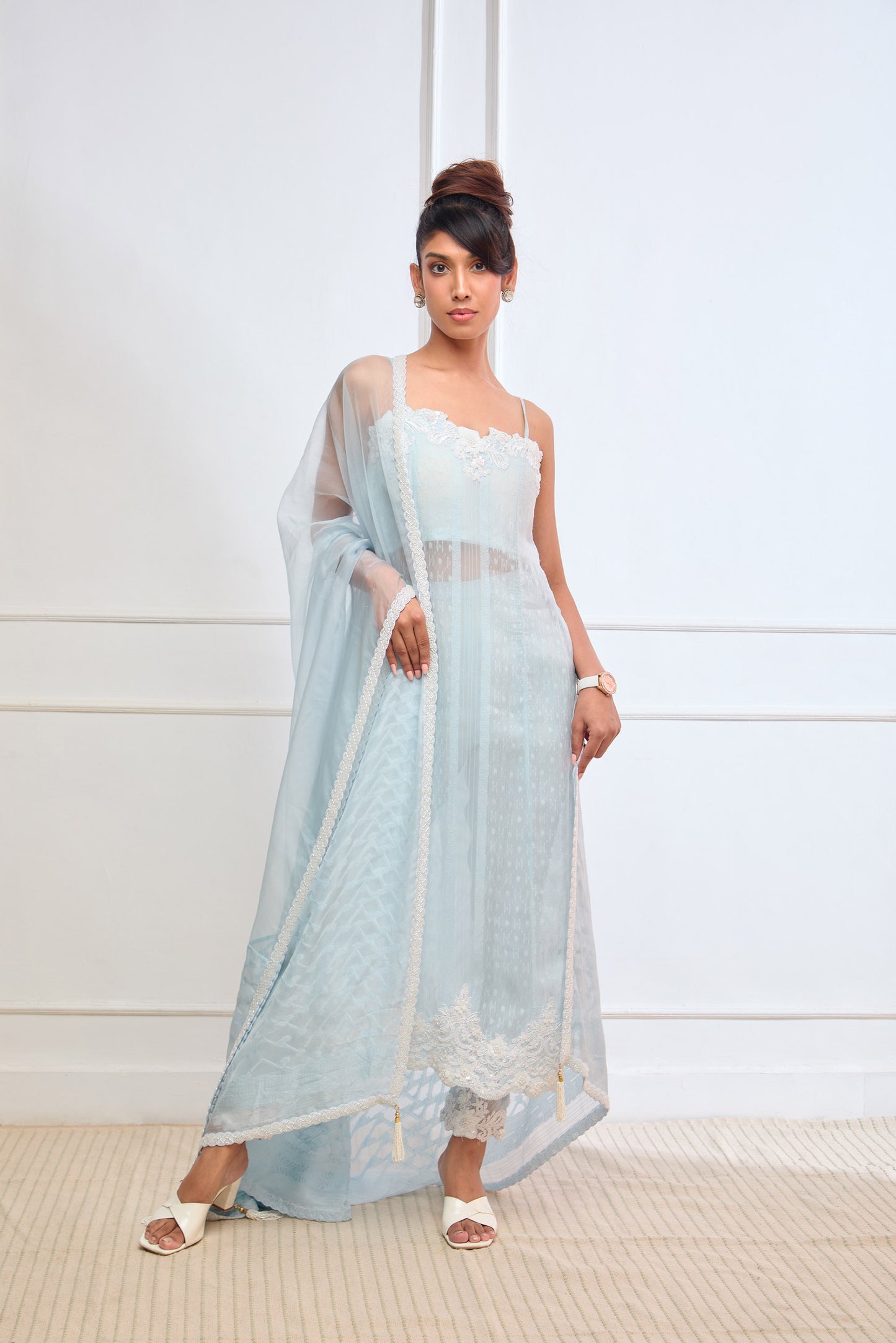 Blue Organza jamdani straight fit suit set