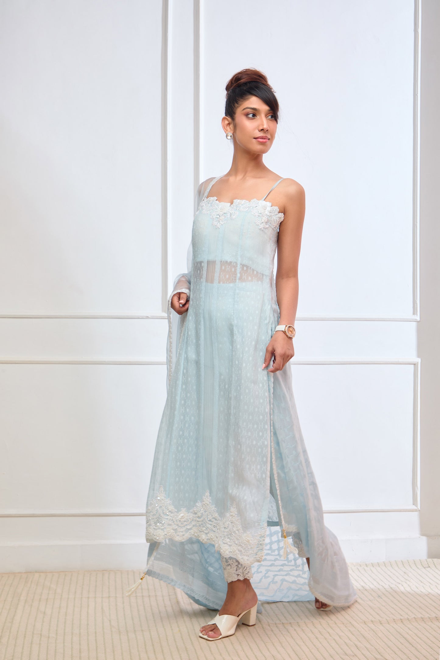 Blue Organza jamdani straight fit suit set