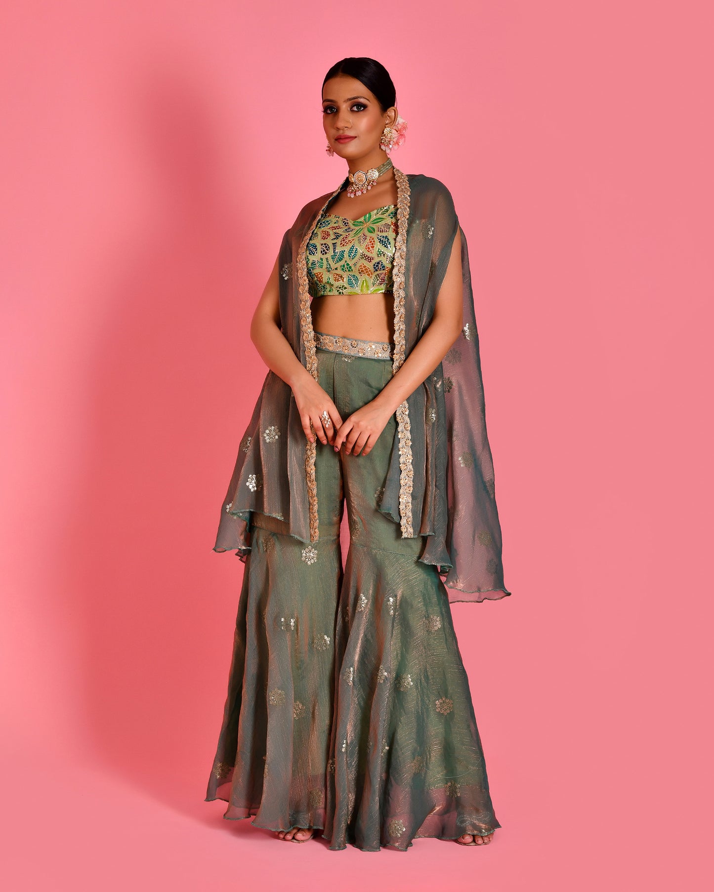 Chitra Tissue Organza Green Cape & Sharara Set