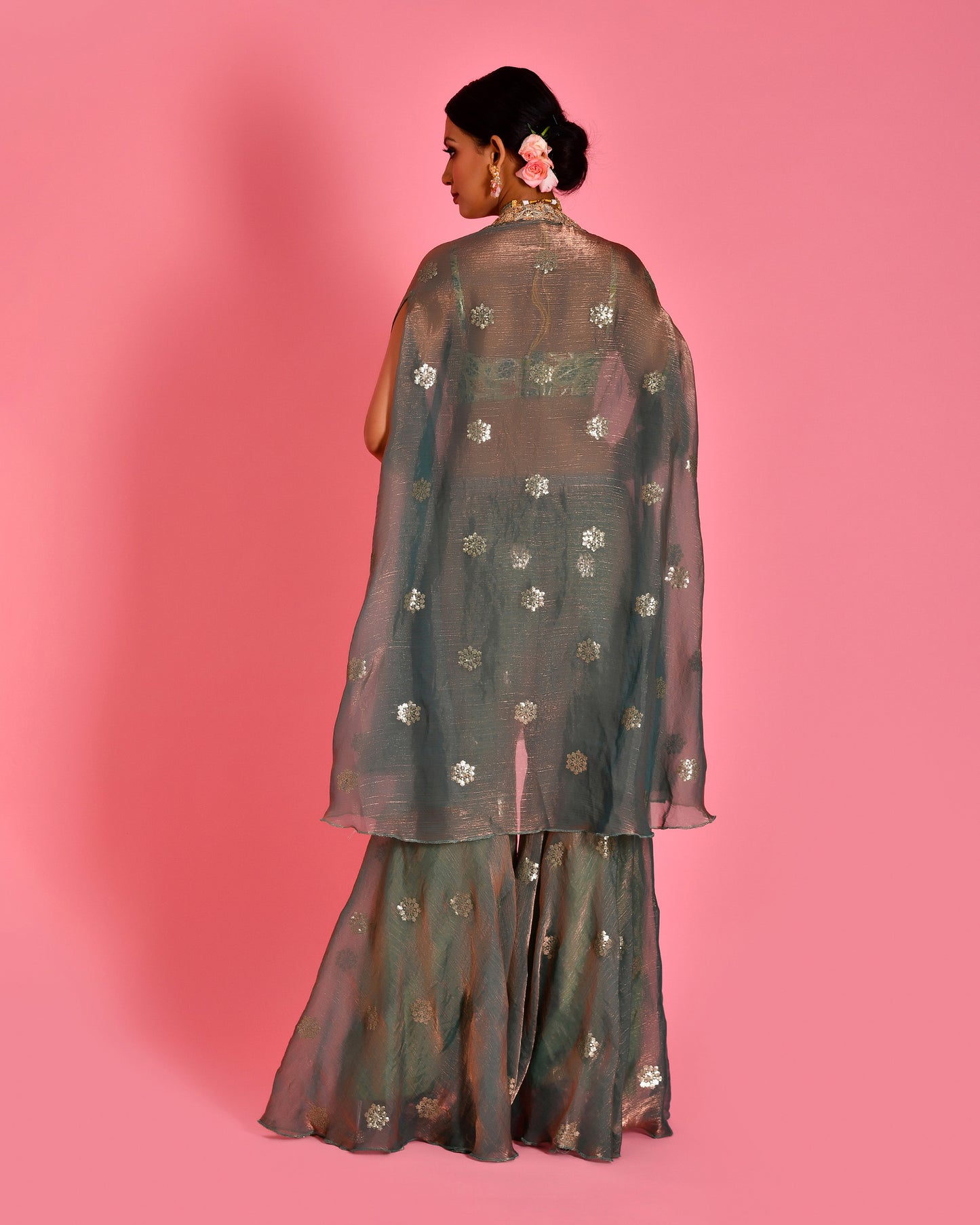 Chitra Tissue Organza Green Cape & Sharara Set