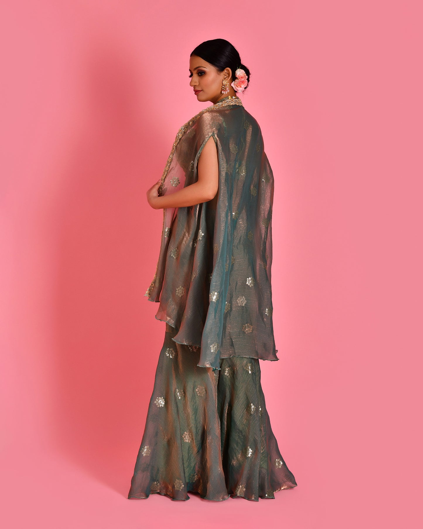 Chitra Tissue Organza Green Cape & Sharara Set