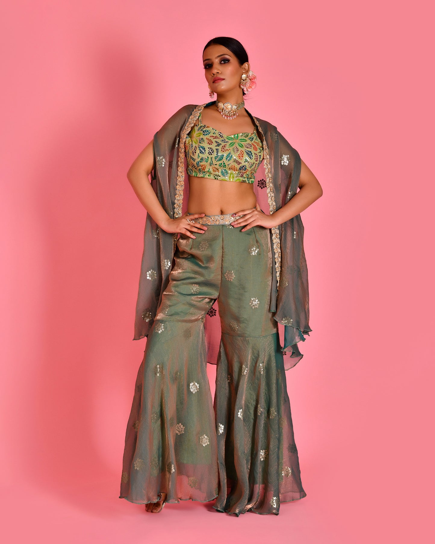 Chitra Tissue Organza Green Cape & Sharara Set