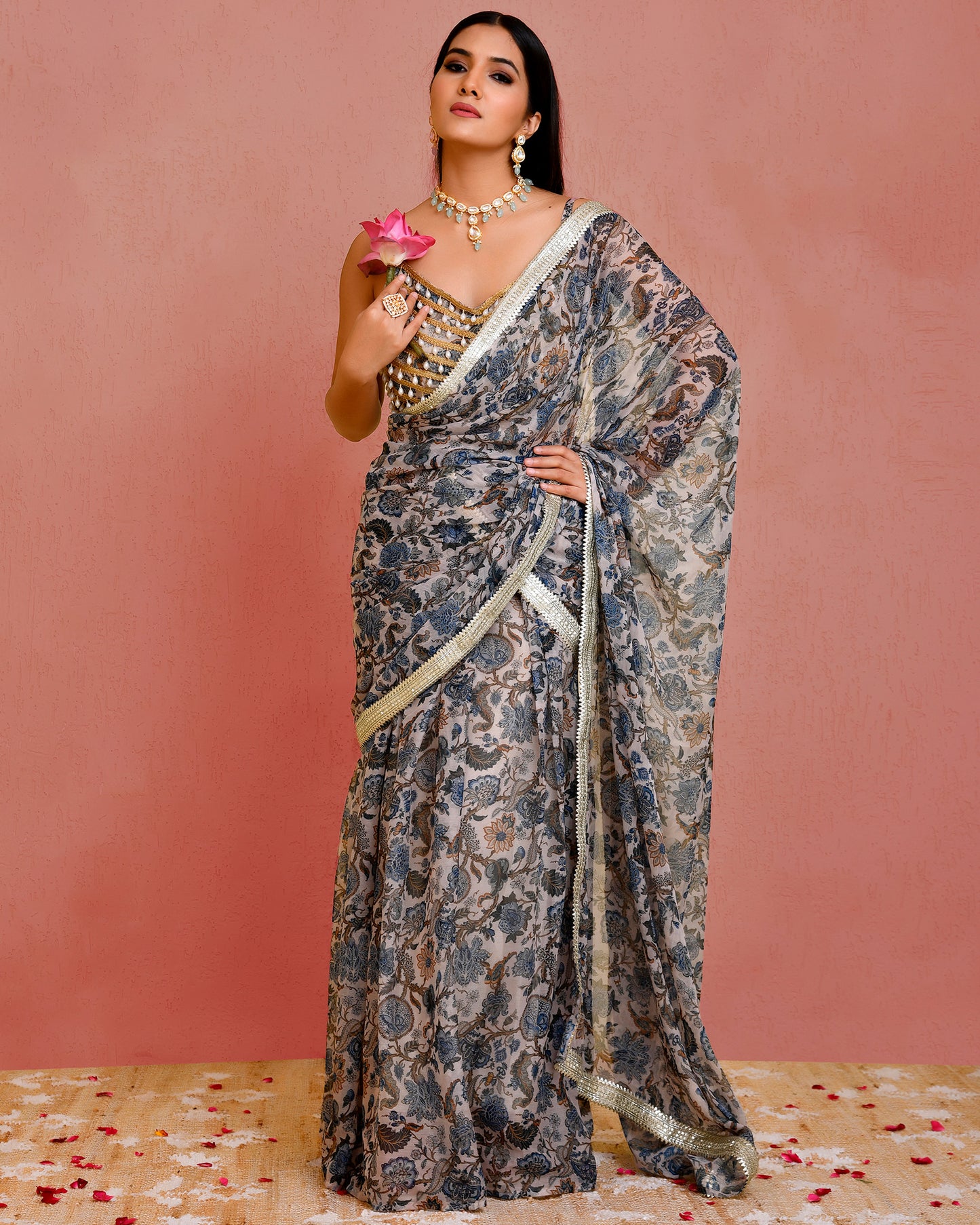 Beige and Blue Georgette Gota Pre -Drapped Saree