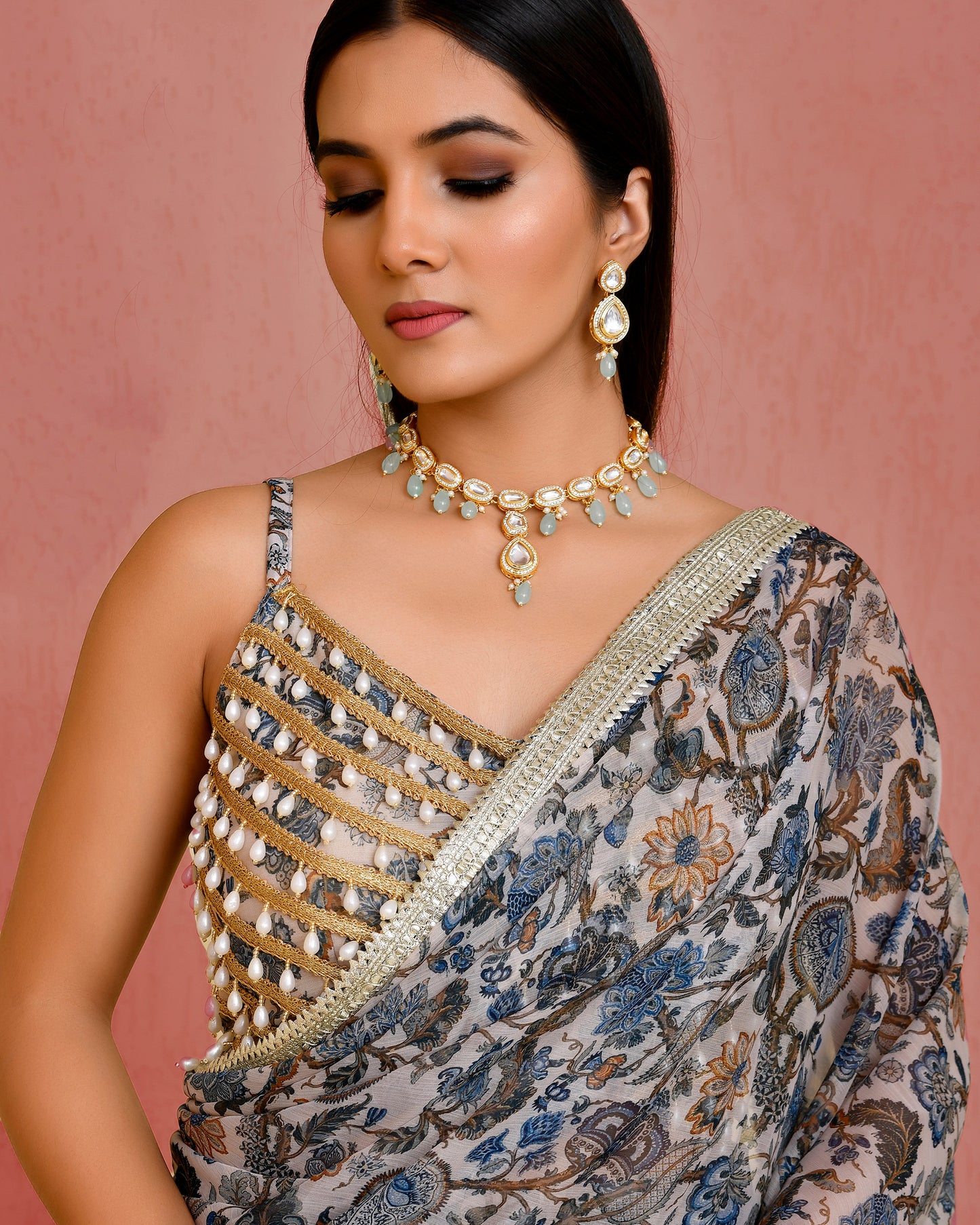 Beige and Blue Georgette Gota Pre -Drapped Saree