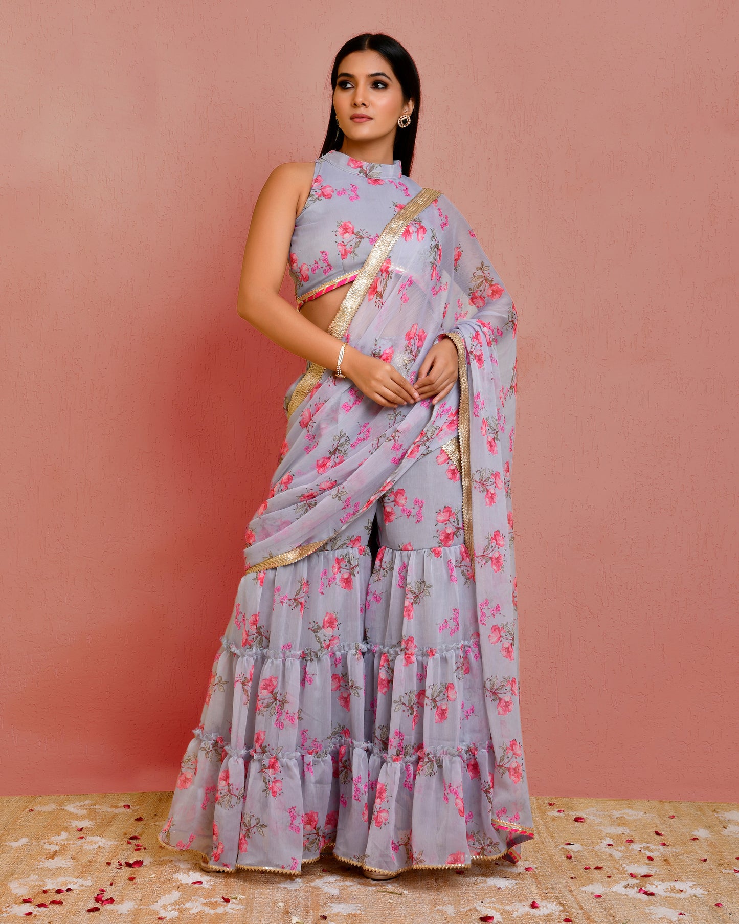 Kasturi Chiffon Embellished Grey Pre -Stitched Sangeet Saree