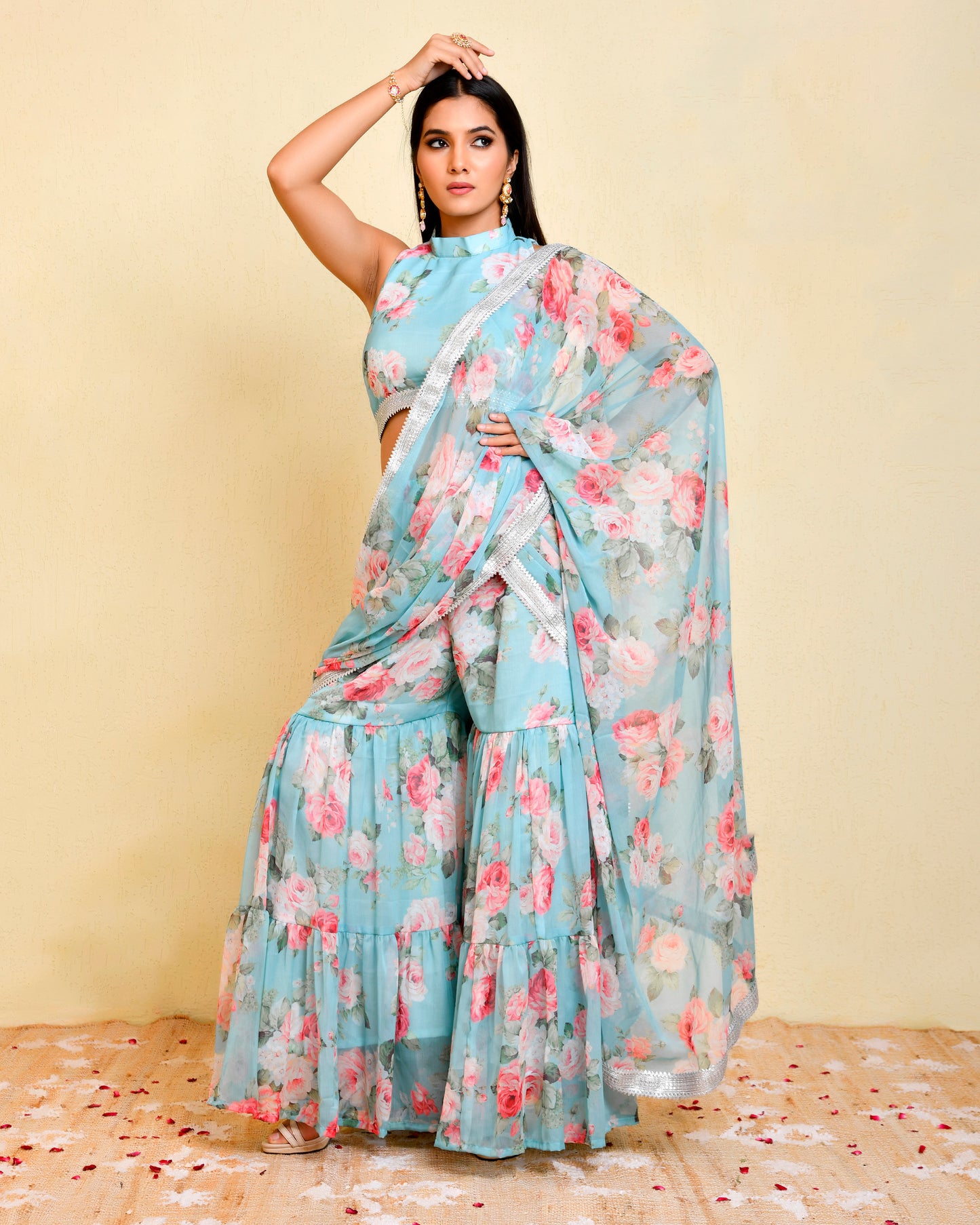 Gulshan Georgette Pre-Stitched Blue Embellished Saree