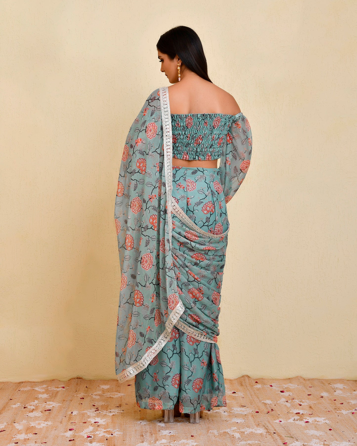 Jilmil Georgette Pre Drapped Blue Gota Pant Saree