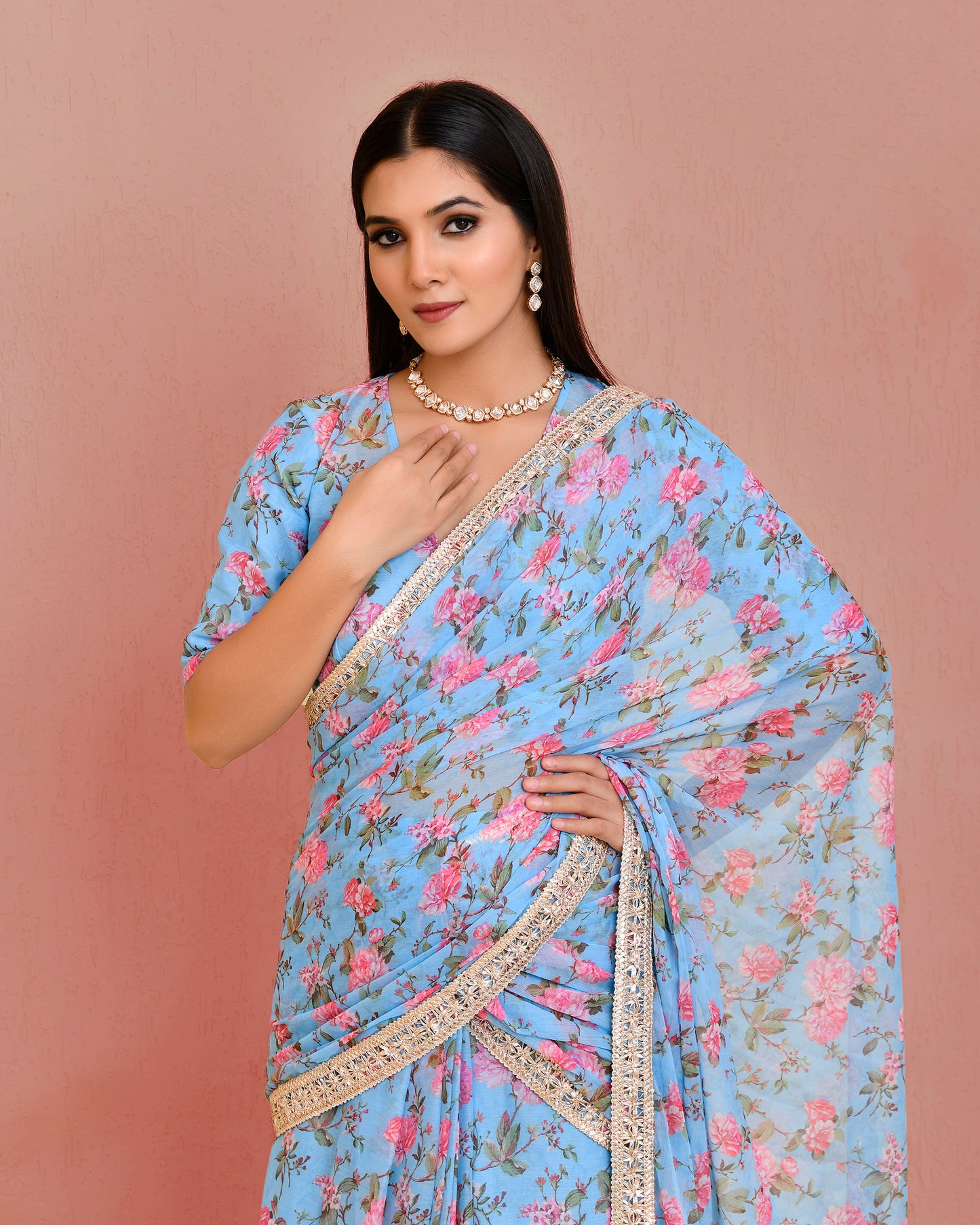 Saroj Georgette Gota Pre-Stitched Blue Festive Saree