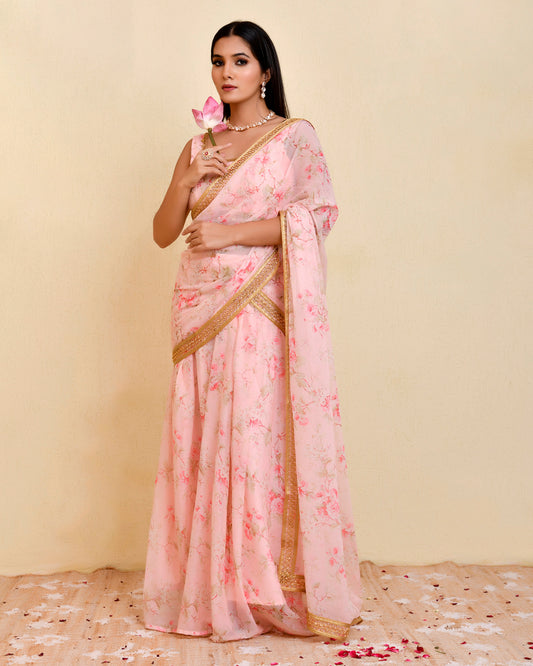 Pushkar Georgette Pre-Stitched Pink Sangeet Saree