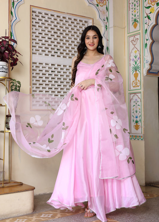 Pink Hand Painted Satin Silk Anarkali Set