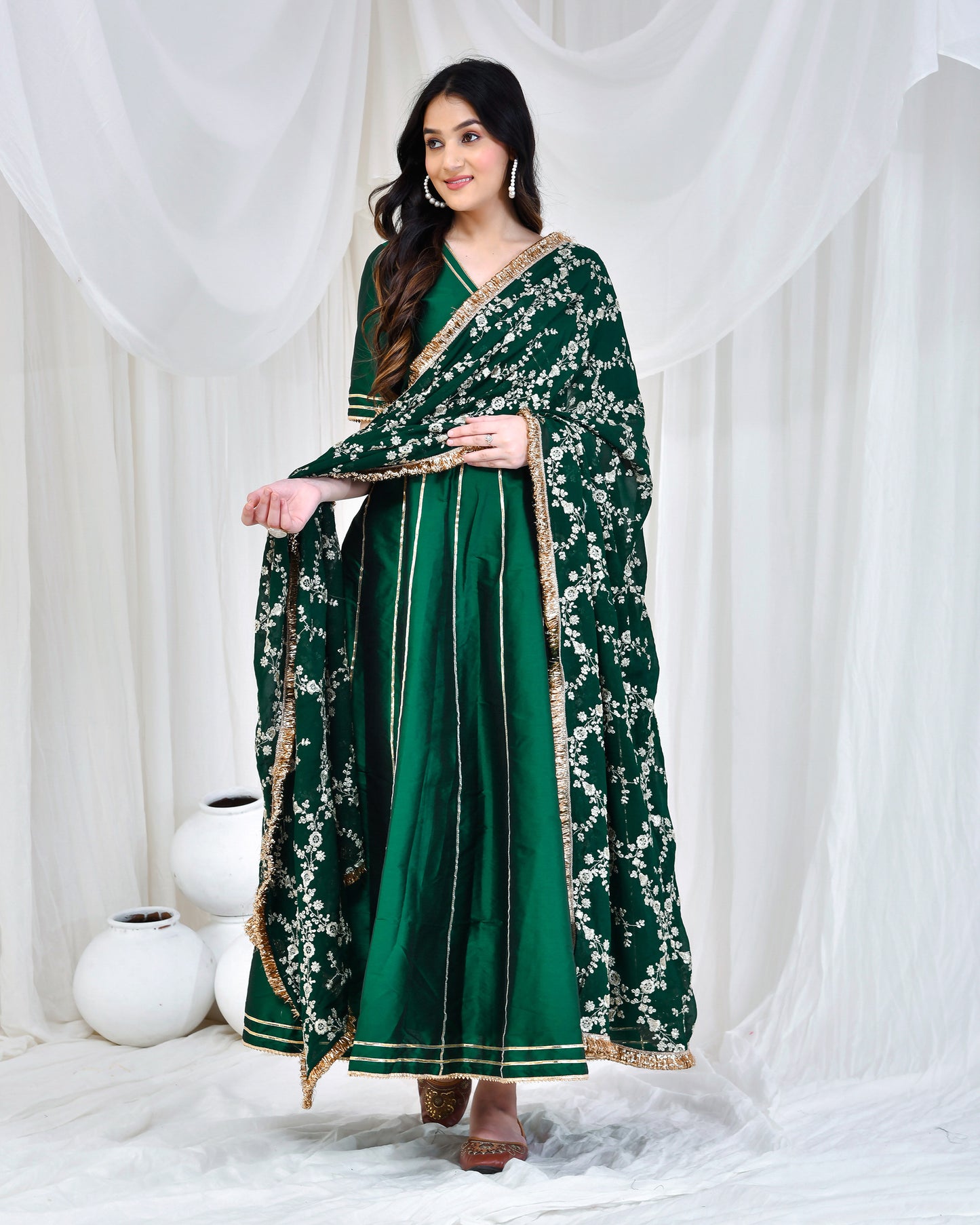 Emerald Green Taffeta Silk Anarkali Set