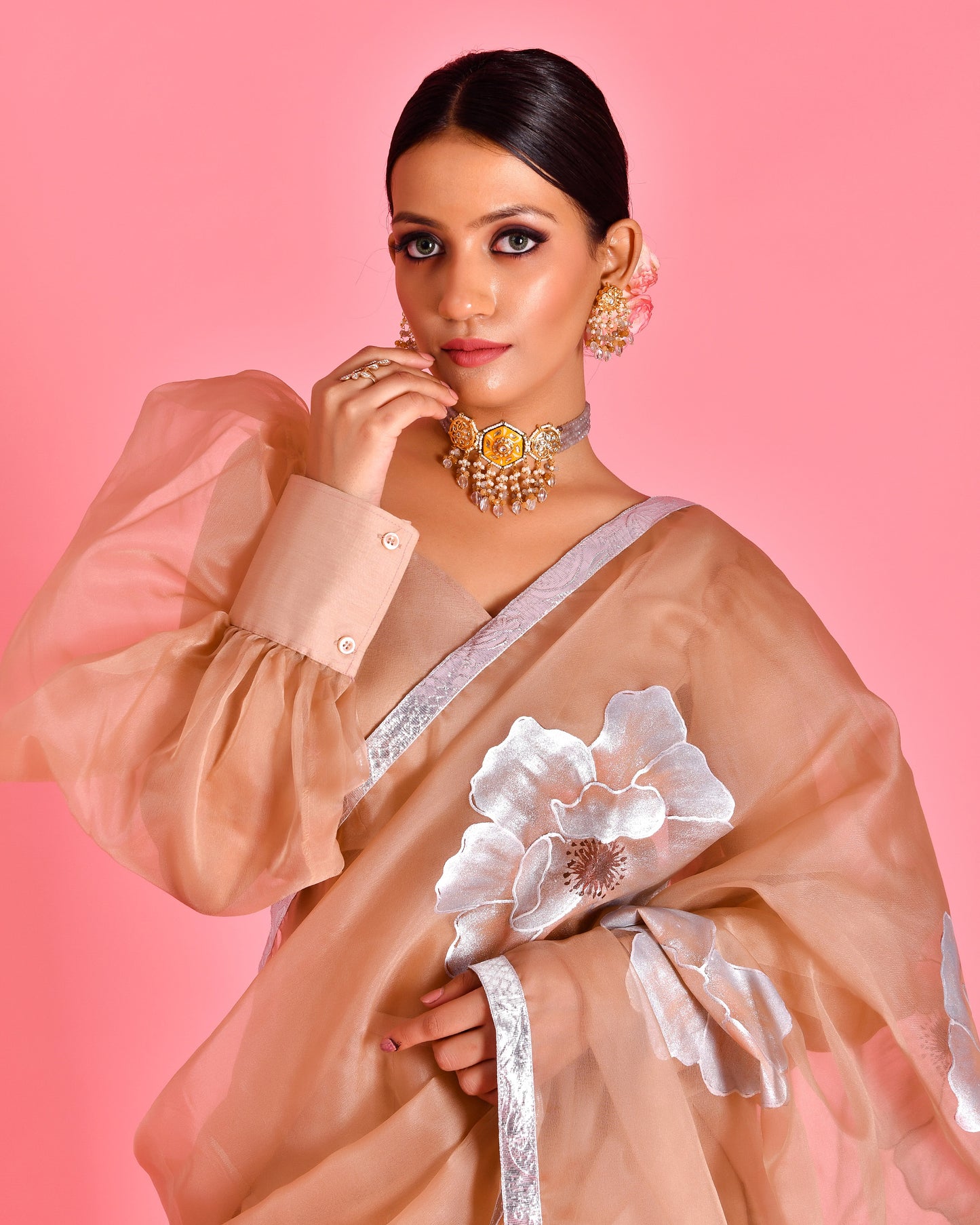 Raas Organza Beige Hand Painted Fusion Saree