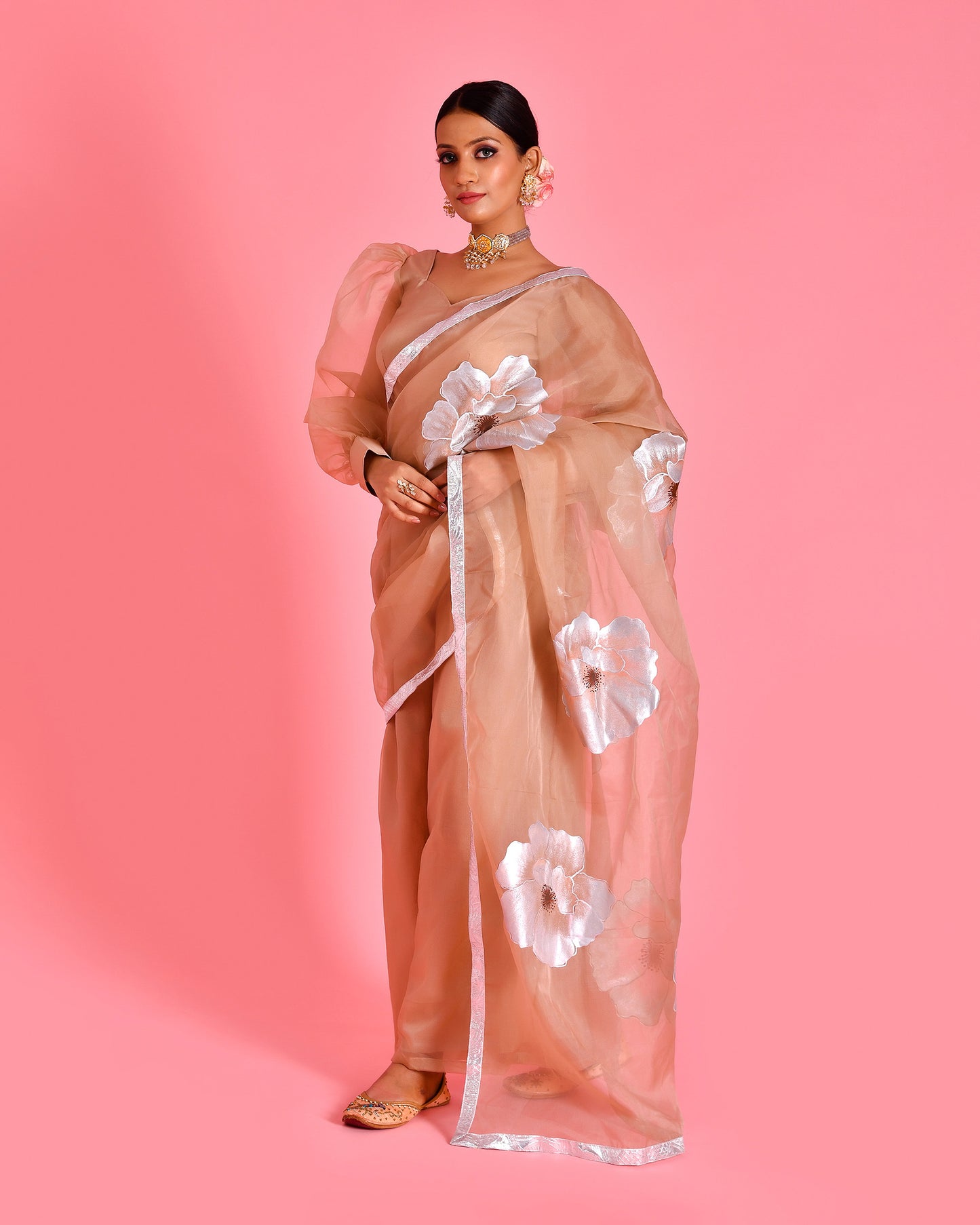 Raas Organza Beige Hand Painted Fusion Saree