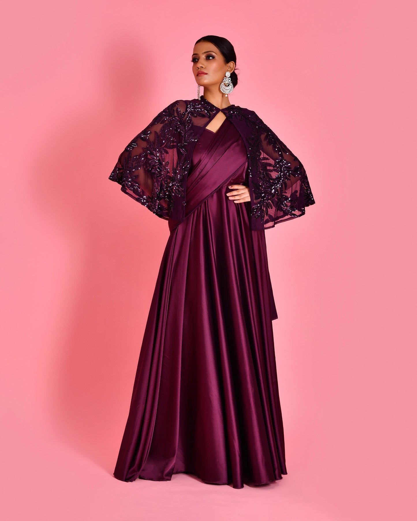 Nayika Satin Embroidered wine colored Cocktail Saree Gown Set