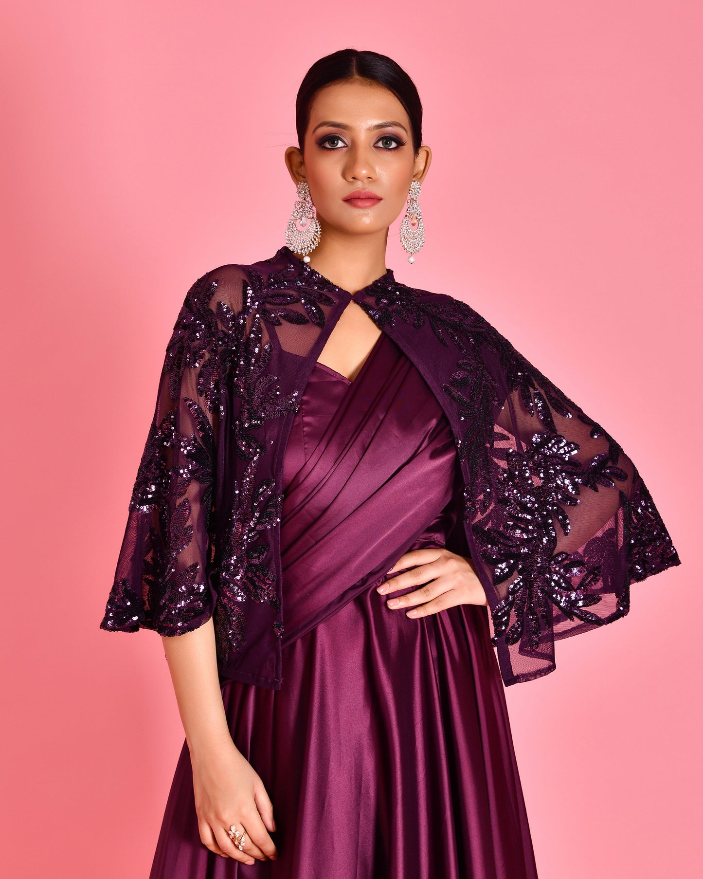 Nayika Satin Embroidered wine colored Cocktail Saree Gown Set