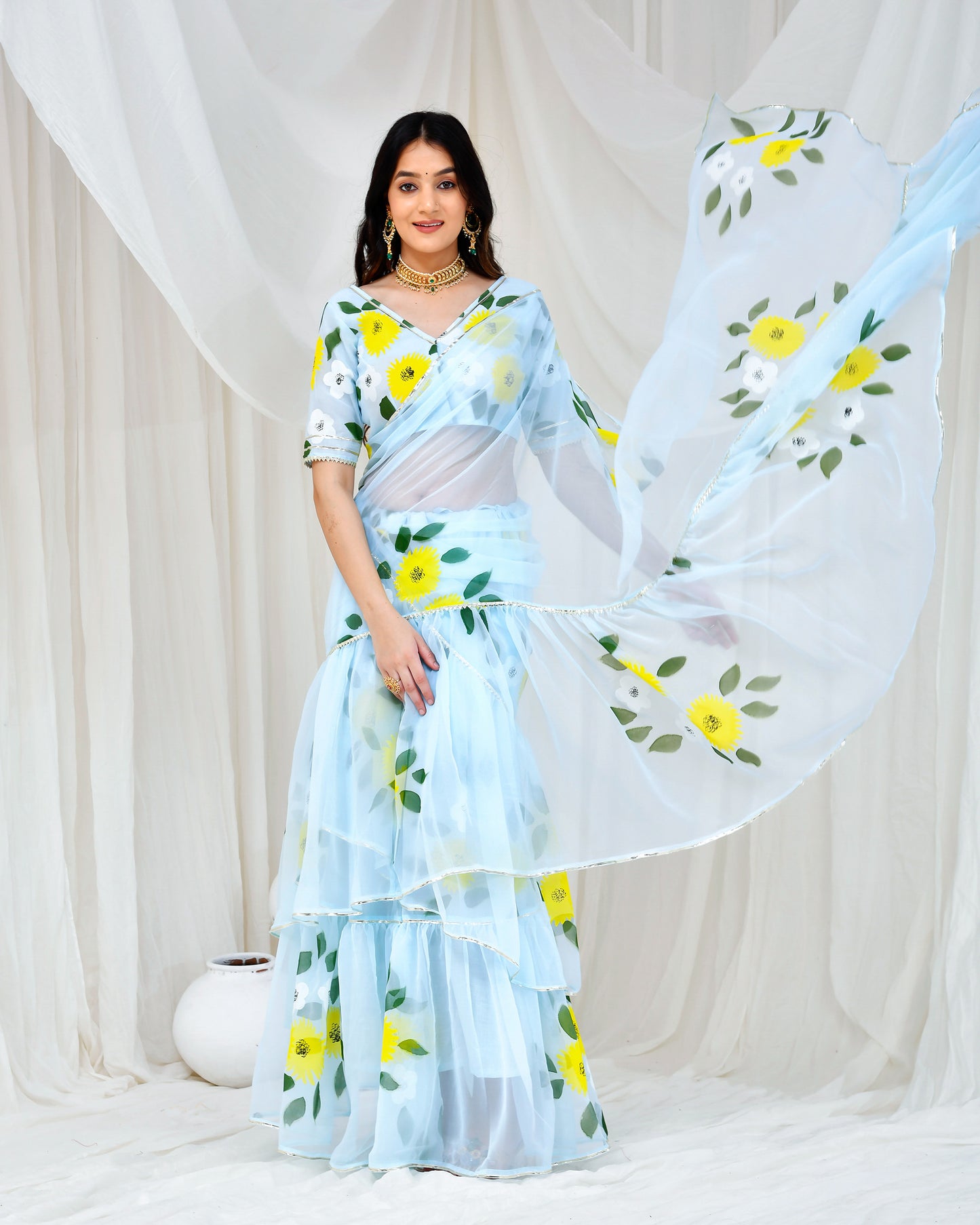 Light Blue Georgette Hand Painted Drapped Saree