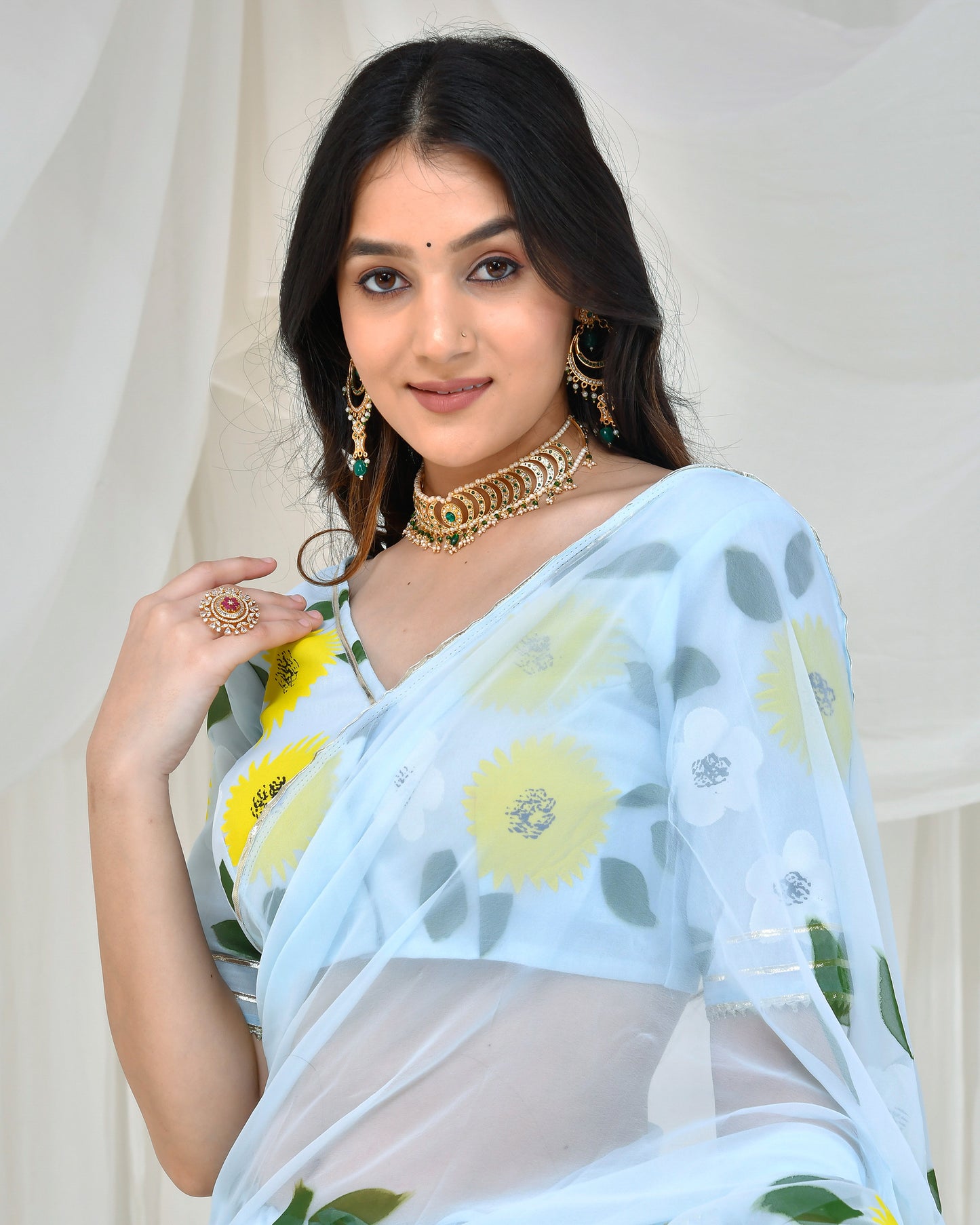 Light Blue Georgette Hand Painted Drapped Saree