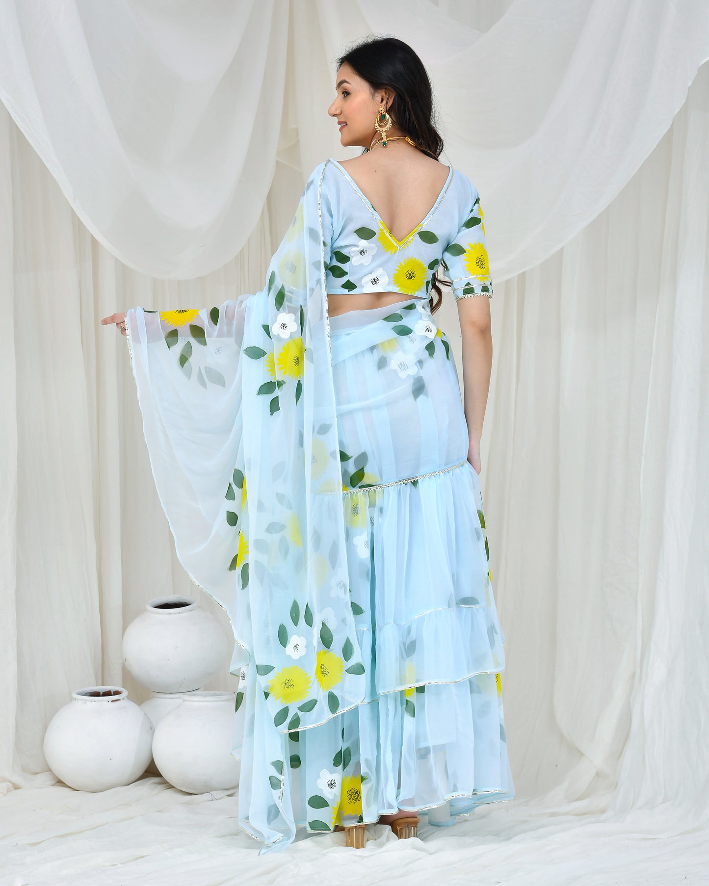 Light Blue Georgette Hand Painted Drapped Saree