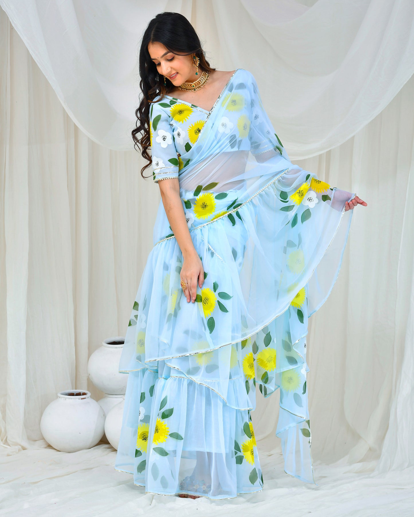 Light Blue Georgette Hand Painted Drapped Saree