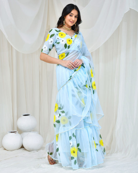 Light Blue Georgette Hand Painted Drapped Saree