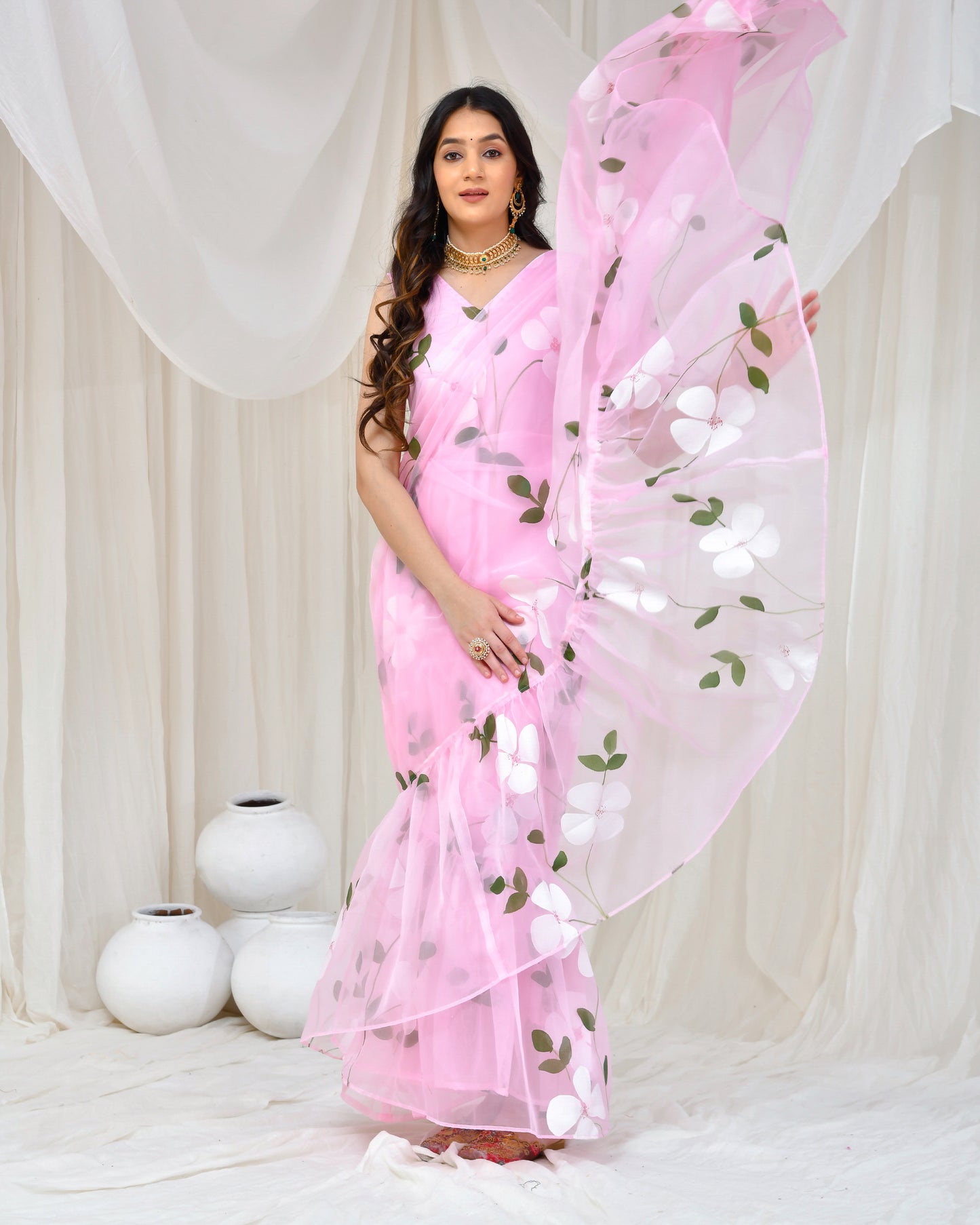 Pink Organza Hand Painted Gown Saree