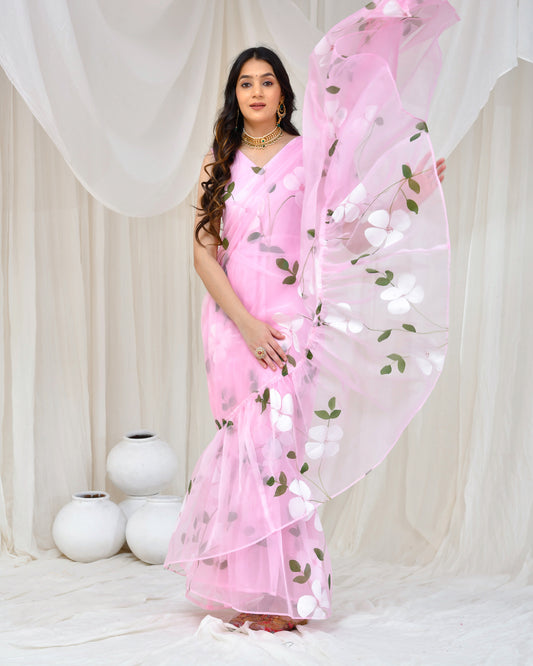 Pink Organza Hand Painted Gown Saree