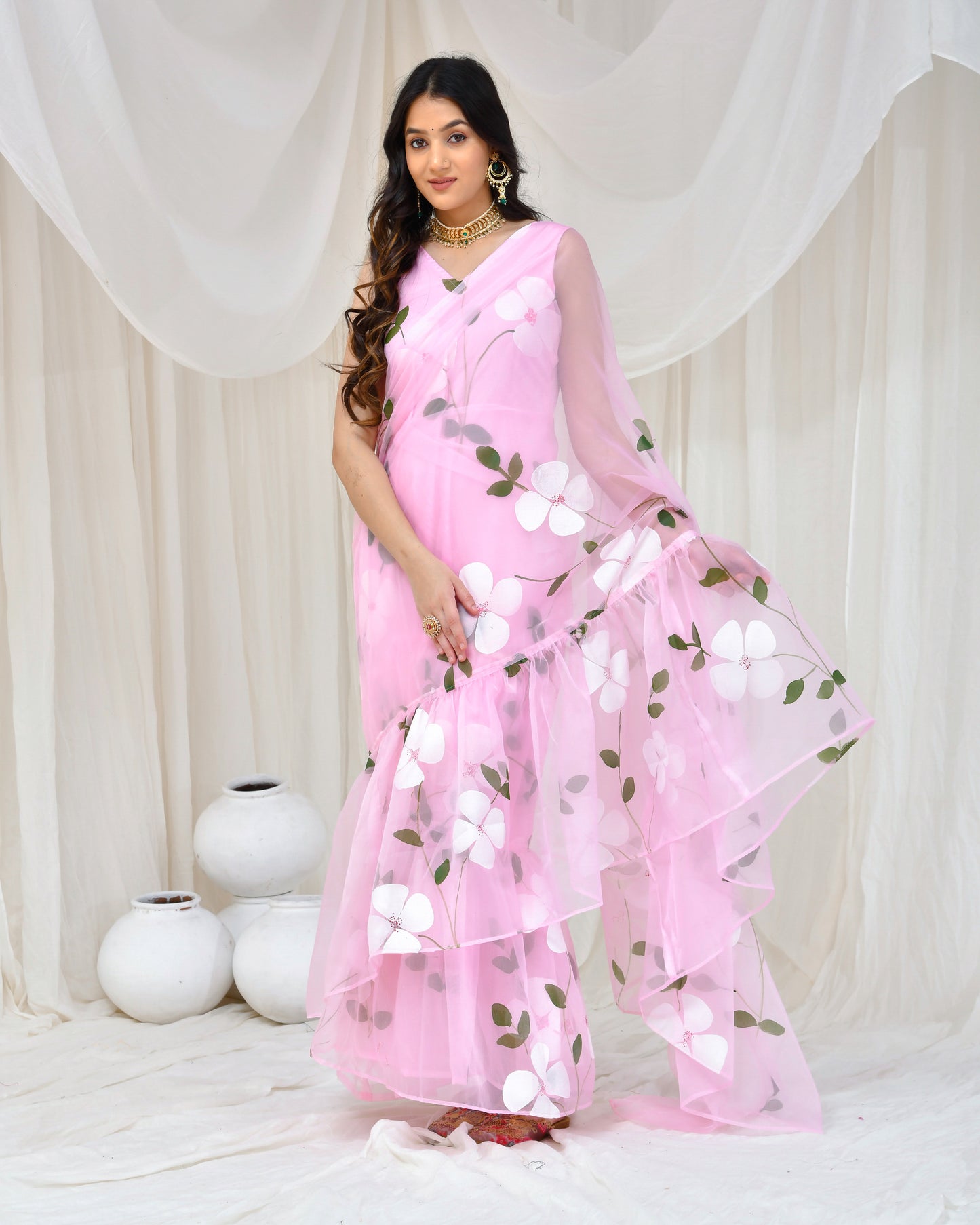 Pink Organza Hand Painted Gown Saree