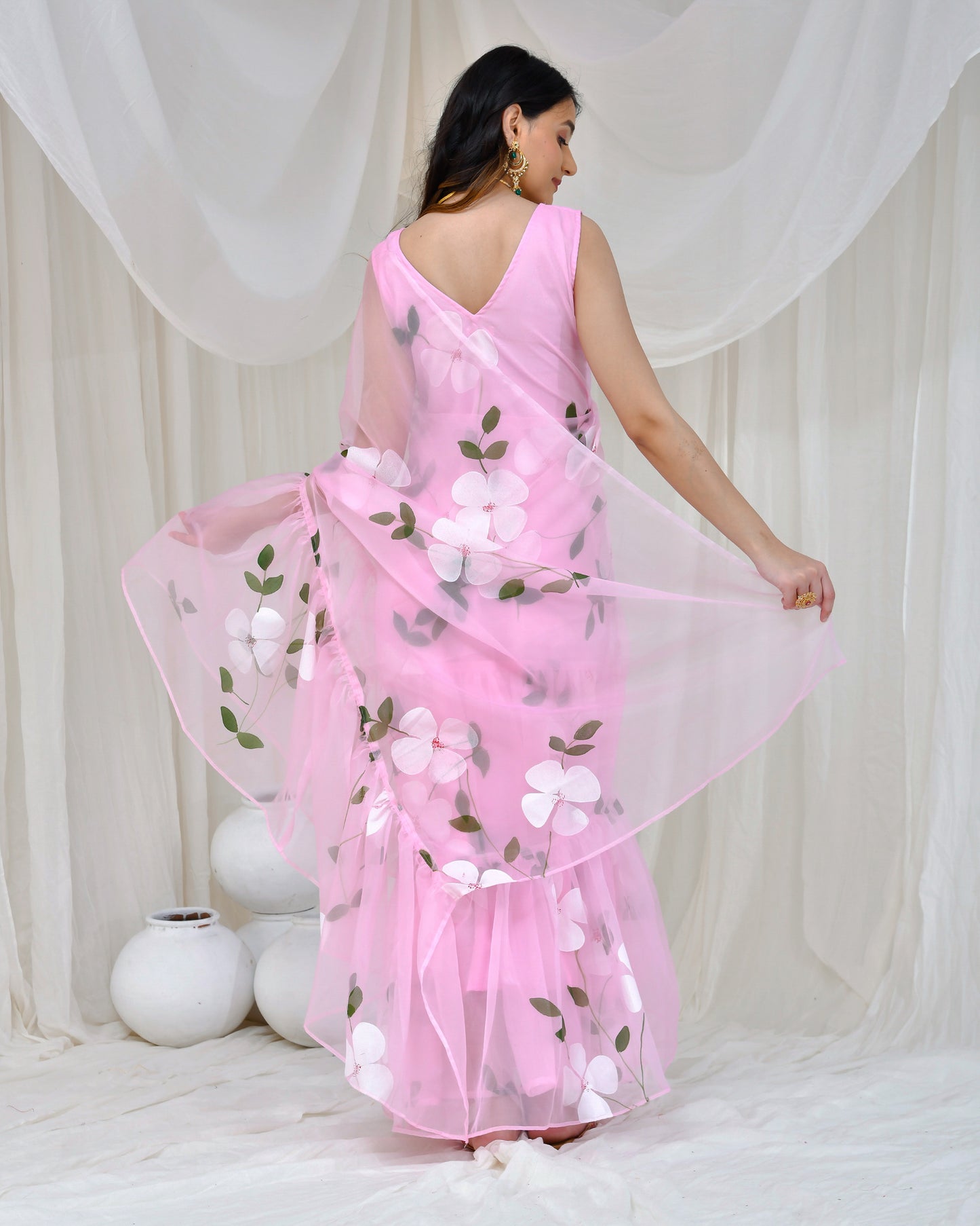 Pink Organza Hand Painted Gown Saree