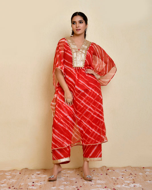 Gulab Georgette Red Gota Kaftan Set