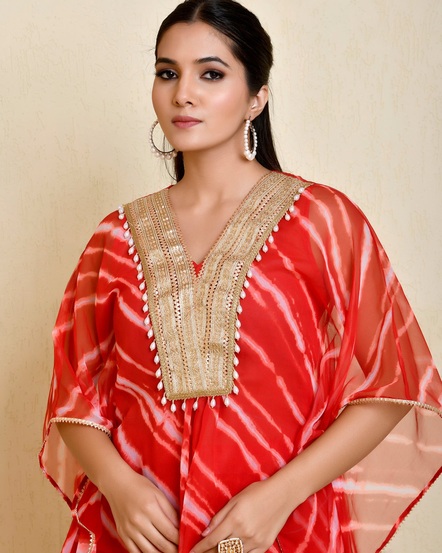 Gulab Georgette Red Gota Kaftan Set