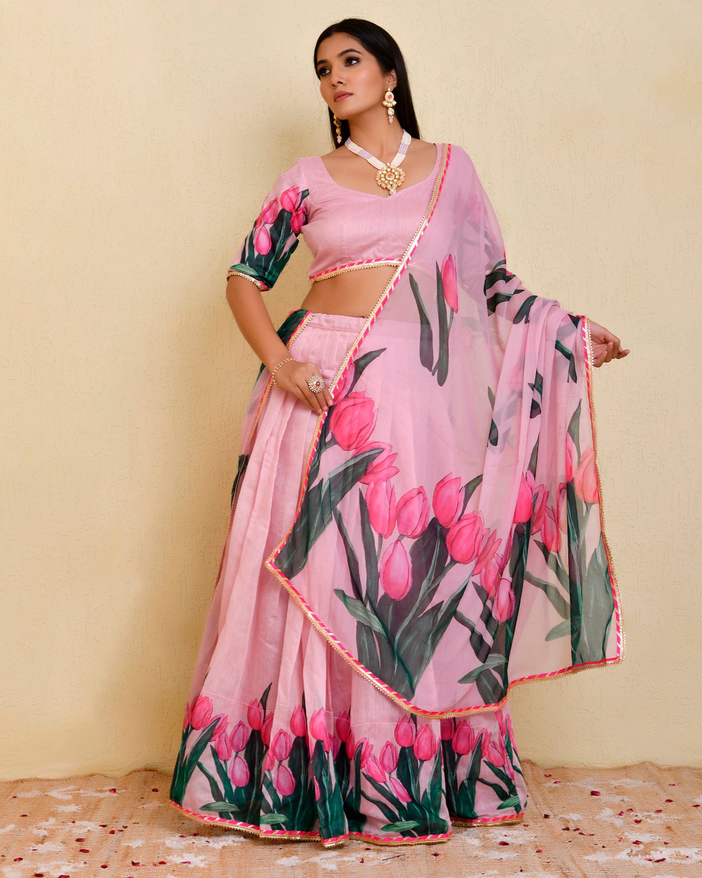 Pink Chanderi Embellished Petal Lehenga Set