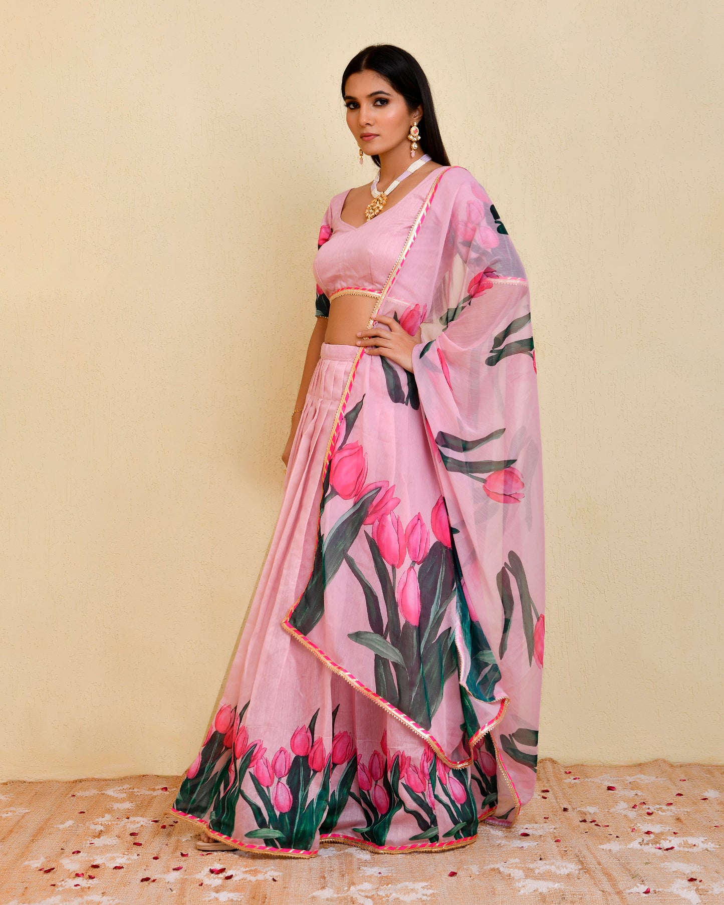 Pink Chanderi Embellished Petal Lehenga Set